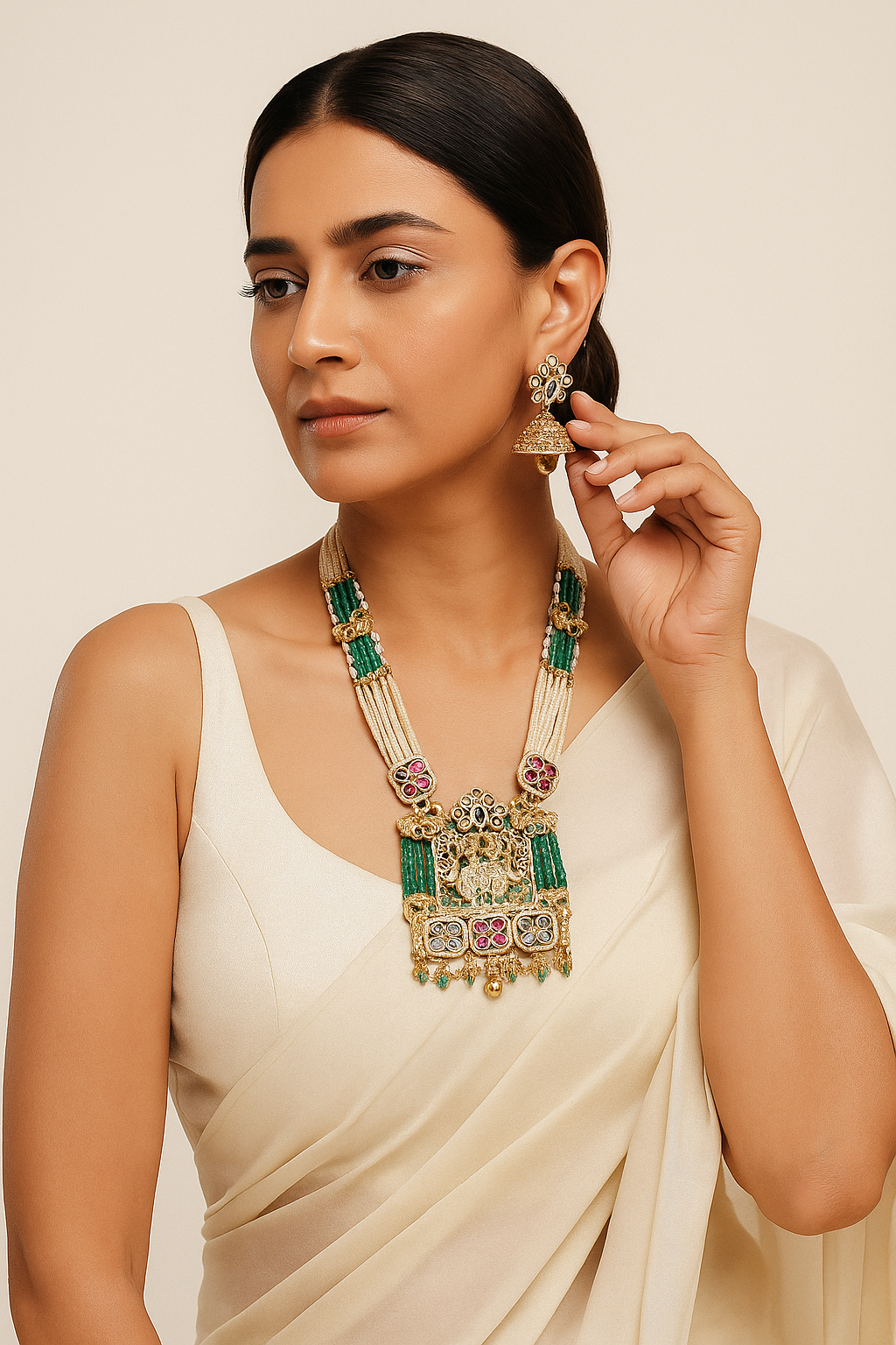 Radha Krishna Temple Necklace Set with Jhumkas